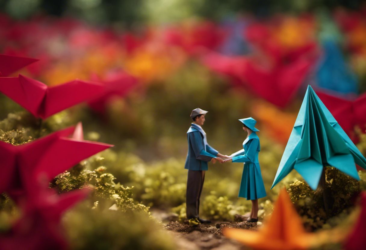Couple professionnel entouré d'une explosion d'origami.